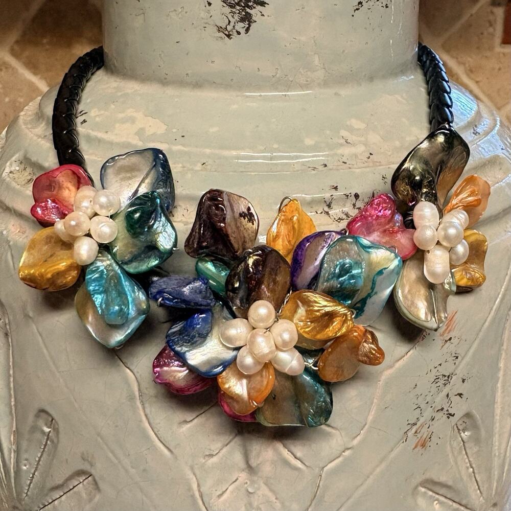 Mother of Pearl and Freshwater Pearl Colorful Flower Necklace Black Braided Rope
